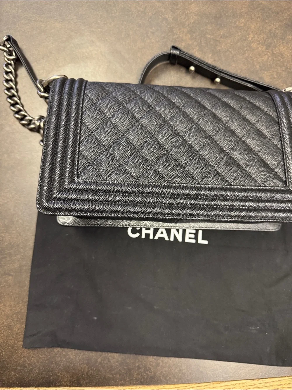 CHANEL Black Quilted Boy Flap Shoulder Bag with Silver Hardware